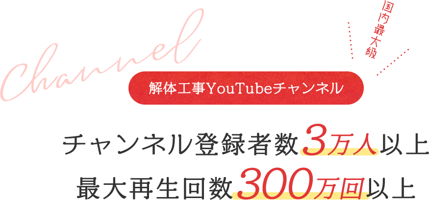 Channel「解体工事YouTubeチャンネル」チャンネル登録者数3万人以上最大再生回数300万回以上